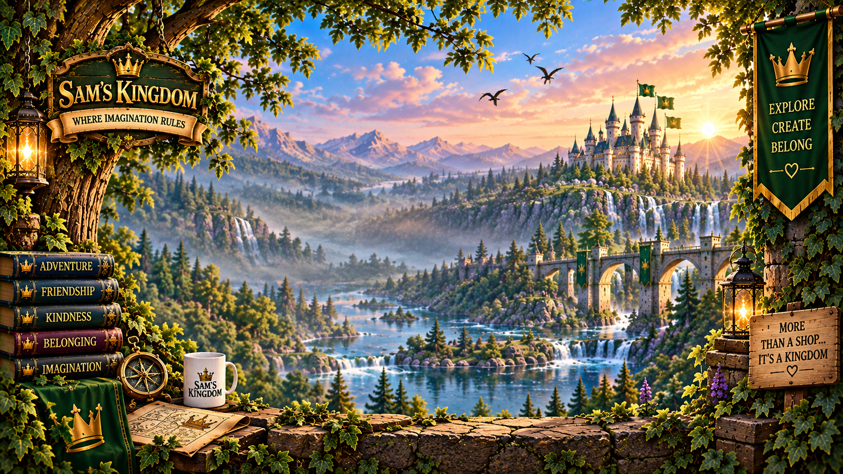 Illustrated Sam’s Kingdom valley, castle and signposts for adventure, friendship, kindness, belonging and imagination