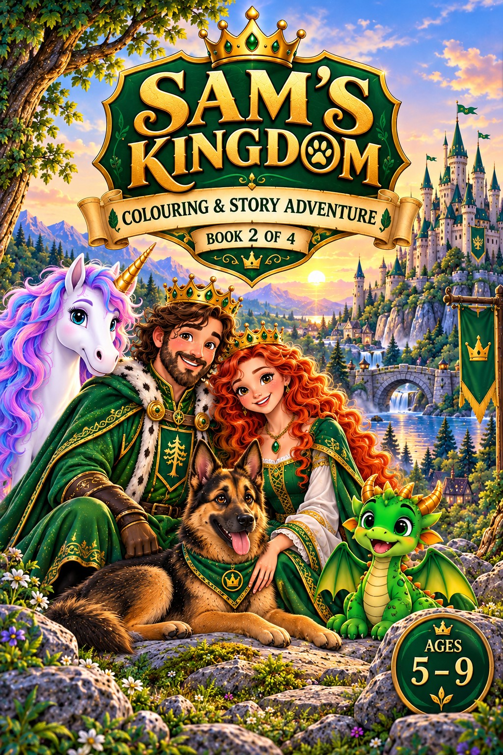 Sam’s Kingdom Book 2 front cover for ages 5 to 9, with King Sam, Queen Kate, Quest, a unicorn and a dragon