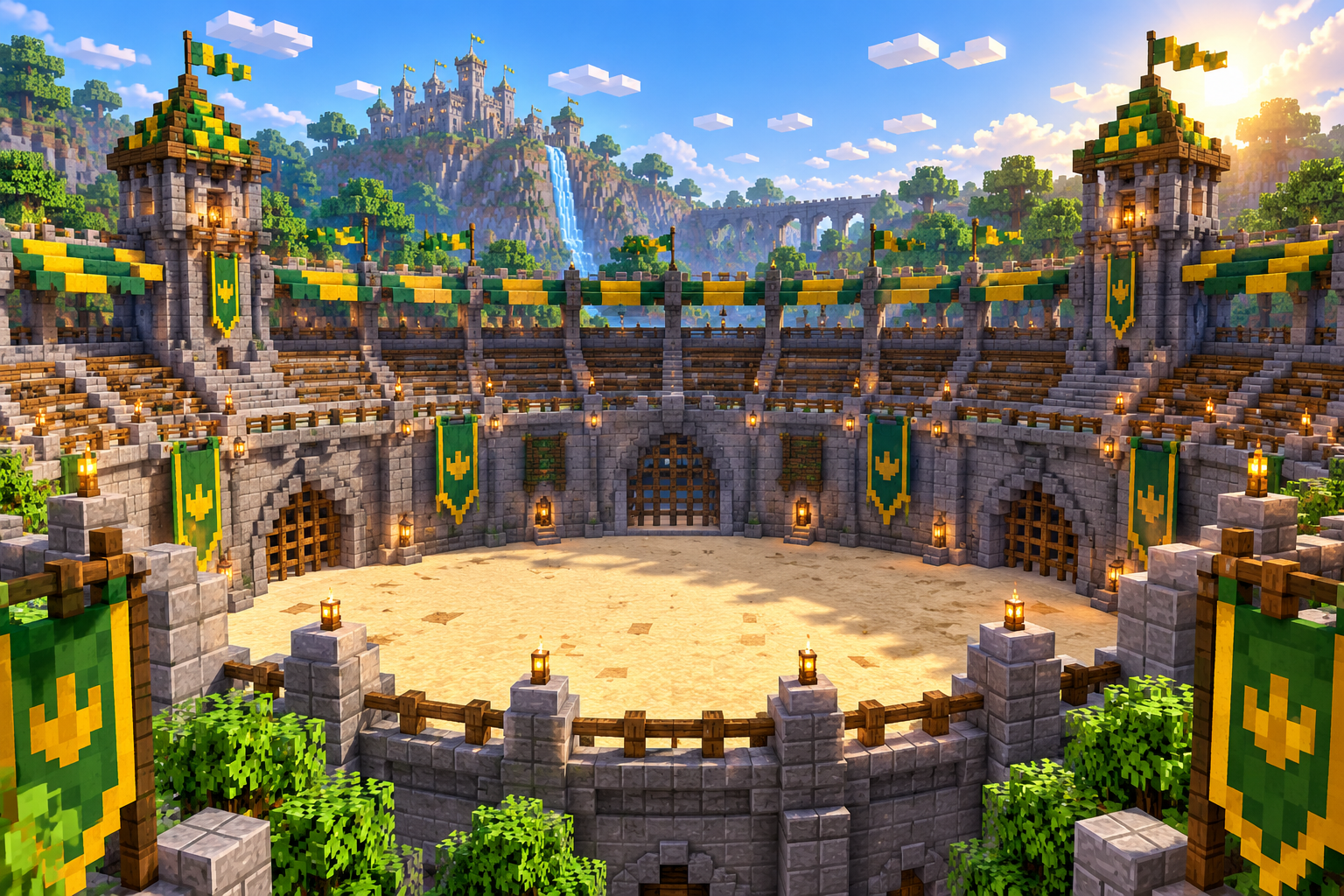 Illustrated medieval Minecraft-style arena