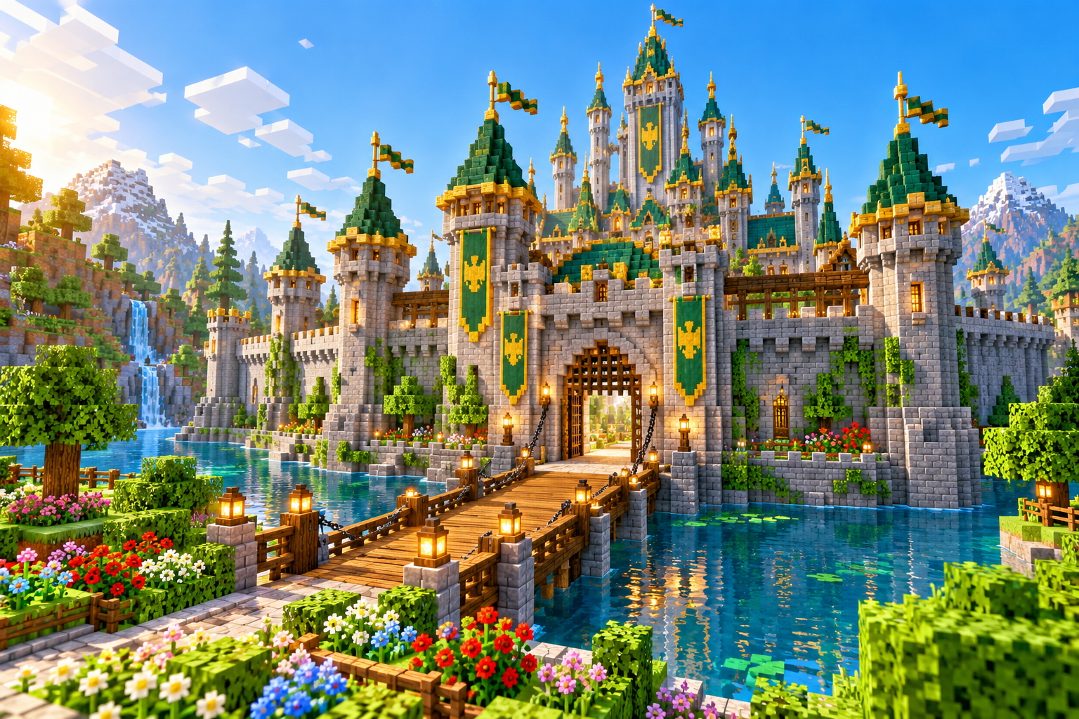 Illustrated Minecraft-style castle and gardens